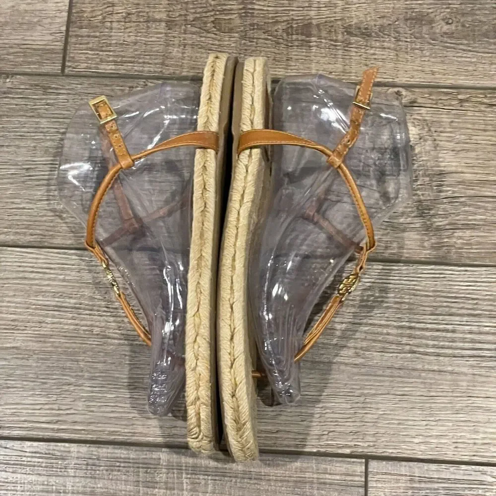 Tory Burch Brown Leather Emmy Flat Espadrilles Thong Sandals Size 8B Womens